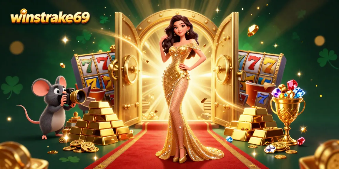 Winstrike69 showcases a captivating casino scene, merging thrills with vibrant slot reels and treasures.