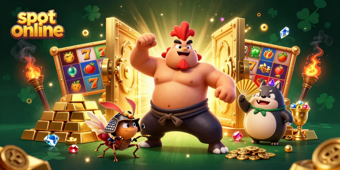 Engage with slot online games featuring dynamic visuals, lucky symbols, and vibrant characters in an immersive casino illustration.