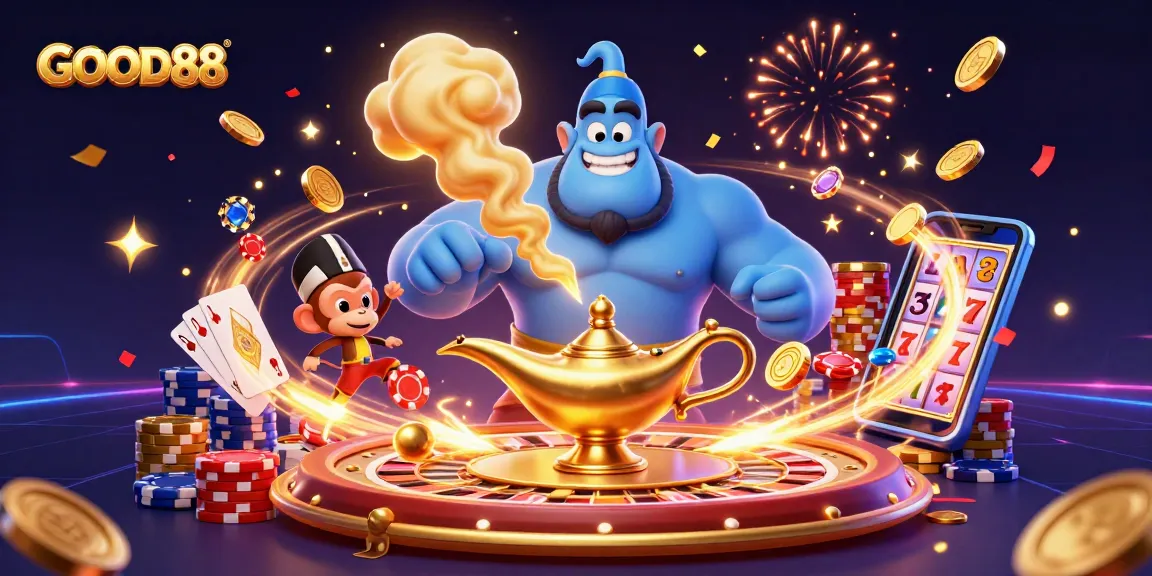 Spin the luck at GOOD88 with a vibrant scene of a genie, poker chips, and golden treasures.