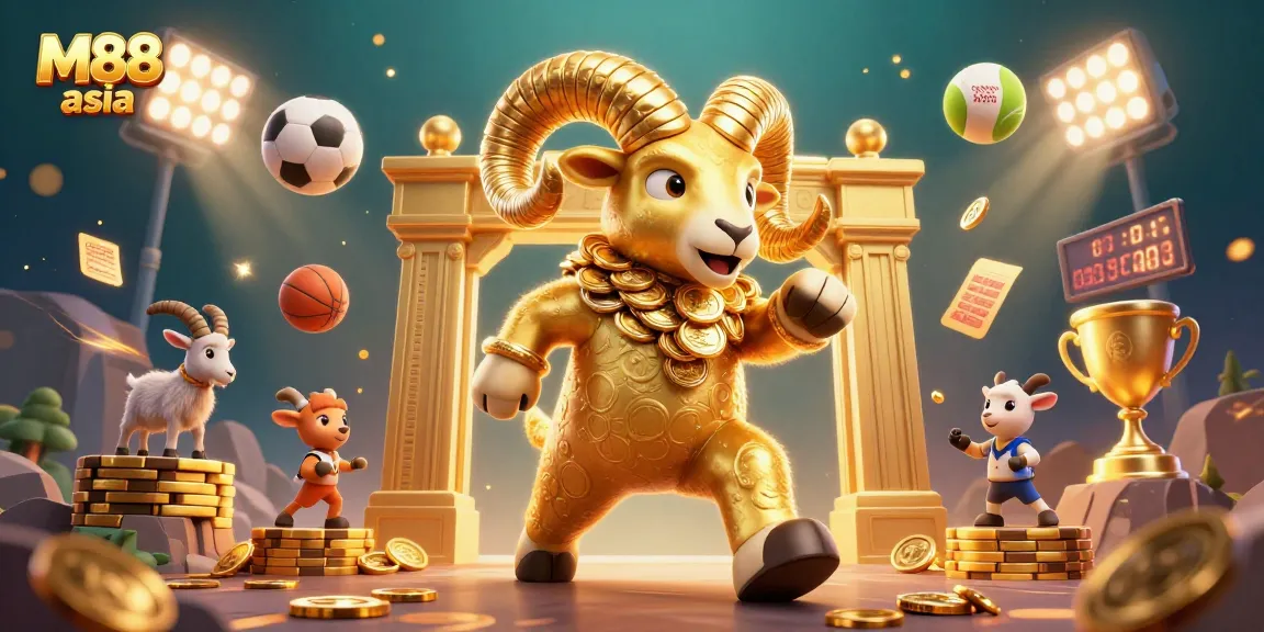 Experience M88 asia with the golden ram charging through a casino-inspired scene filled with sports elements and rich details.