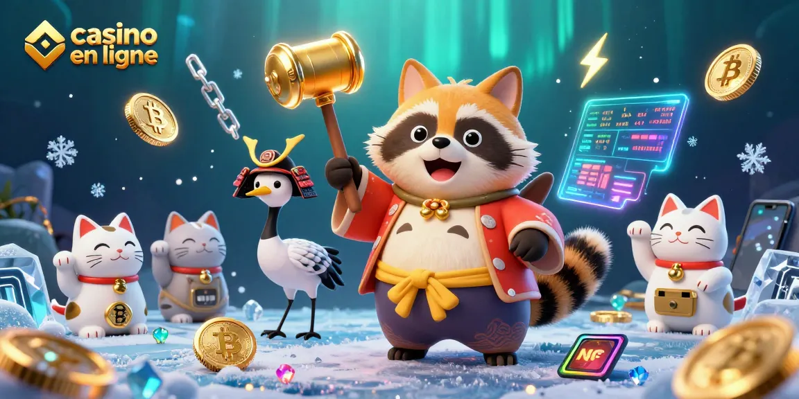 Une illustration colorée et animée présentant un casino en ligne avec un tanuki portant un costume traditionnel, des pièces de crypto-monnaie et des maneki-neko en arrière-plan.
