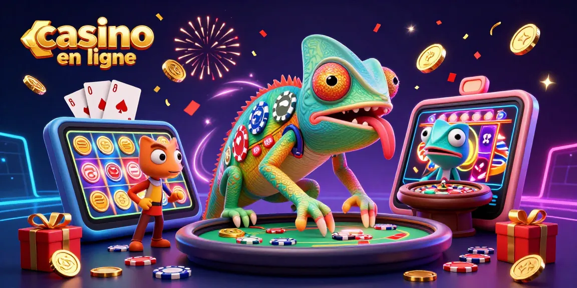 Jouer au casino en ligne et gagner des pièces d'or dans une illustration dynamique d'un caméléon propriétaire de casino