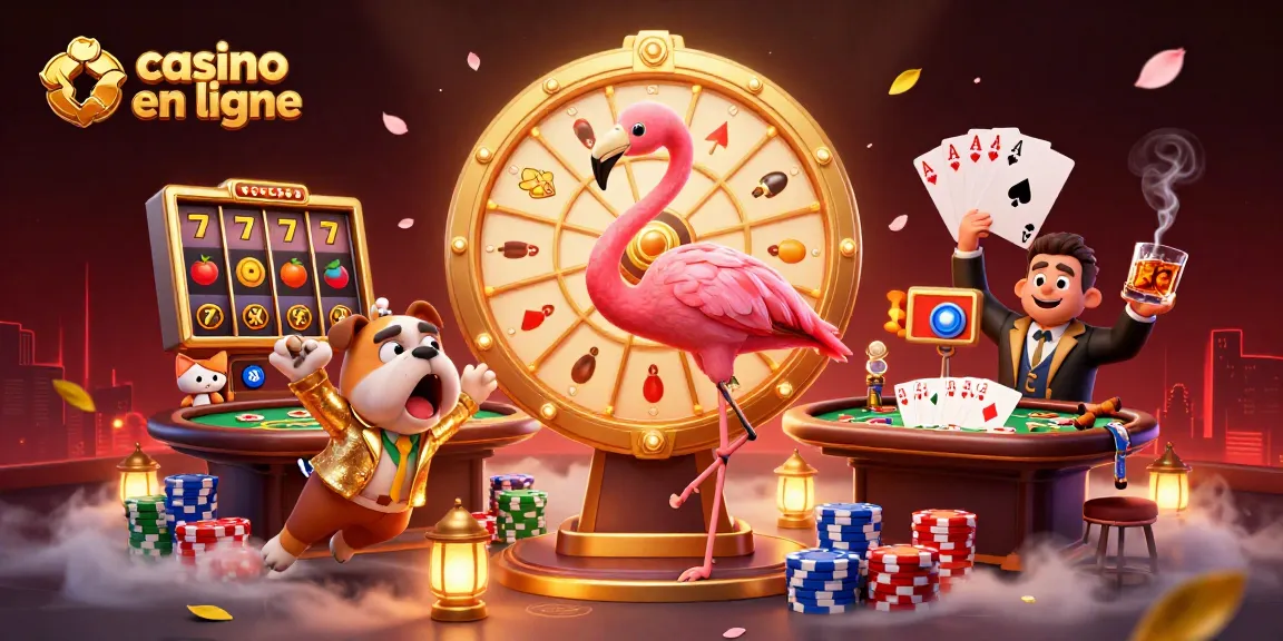 Jouez sur un casino en ligne avec une illustration dynamique de personnages animés, machines à sous et éléments de poker.