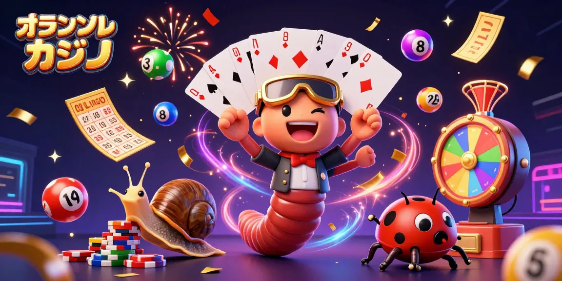オンラインカジノの楽しさを表現したイラスト、楽しむプレイヤーと華やかなゲーム要素が描かれています。