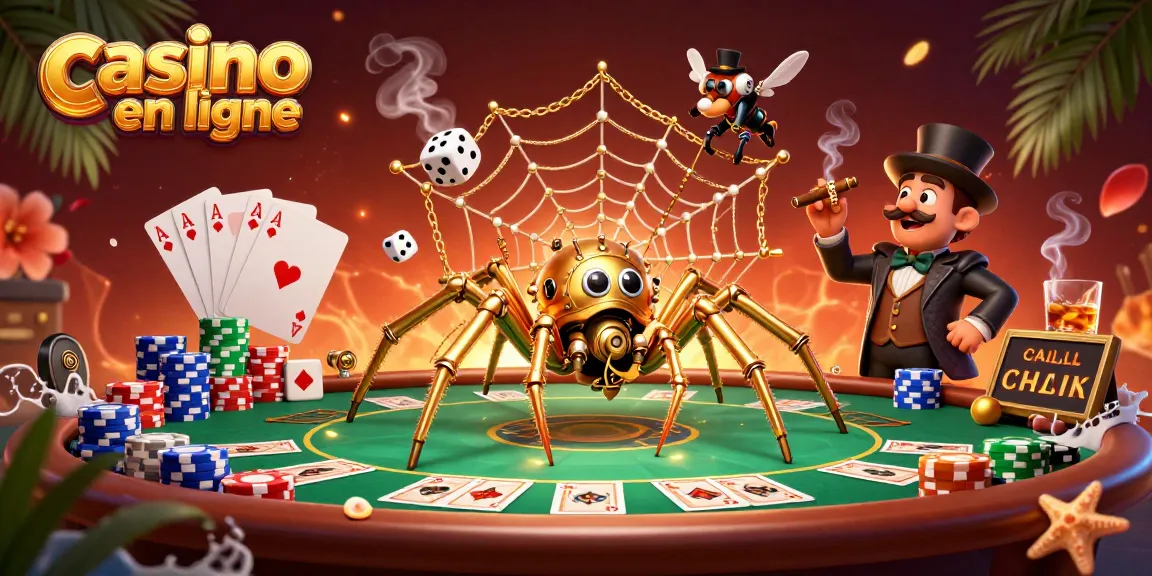 Découvrez l'univers vibrant du casino en ligne avec une araignée dorée steampunk, des jetons de poker colorés, et des dés en désarroi.
