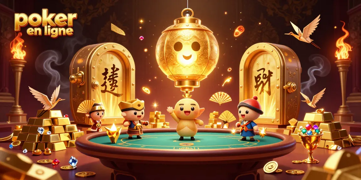 Vivez l'excitation du poker en ligne avec cette illustration 3D dynamique remplie de personnages et d'éléments de casino.