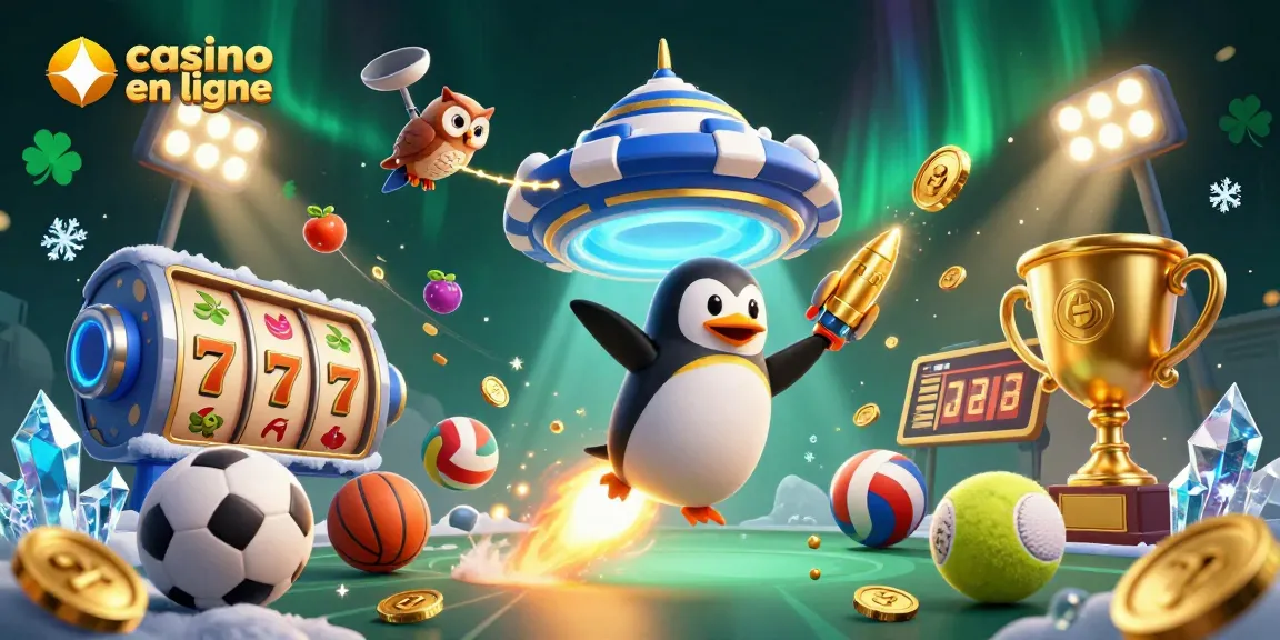 Rejoignez le casino en ligne avec un pingouin doré et des éléments de jeu dynamiques.