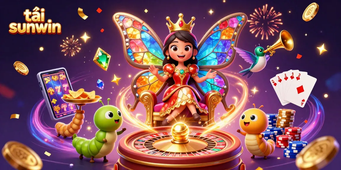 Experience the excitement by tải sunwin in this vibrant 3D casino scene featuring a butterfly queen and gaming elements.