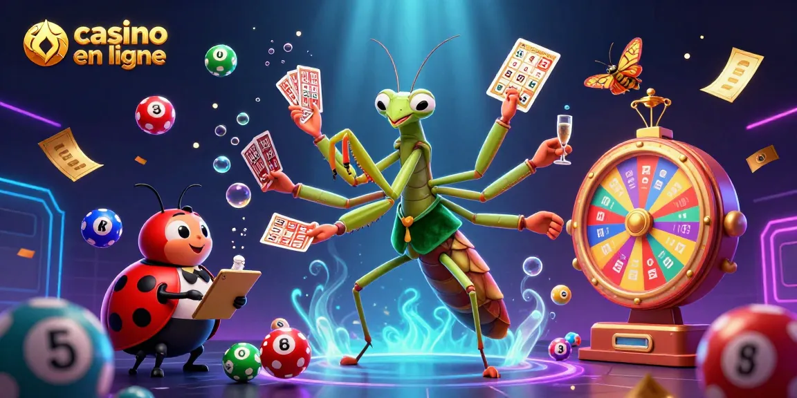 Profitez d'une expérience de casino en ligne avec un caméléon géant distribuant des cartes et des boules de loterie colorées.