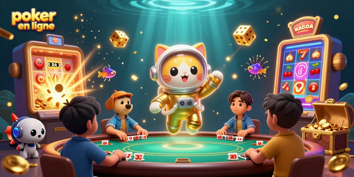 Jouez au poker en ligne avec des personnages vivants et une ambiance dynamique autour d'une table de poker.