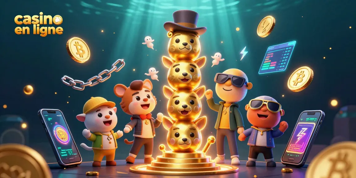 Jouez au casino en ligne avec un totem doré et des pièces de crypto-monnaie lumineuses.