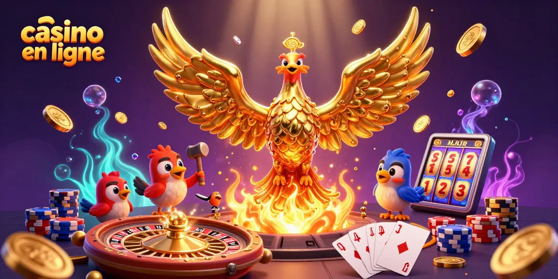 Jouez au casino en ligne avec des machines à sous, cartes à jouer et lots d'or volants.