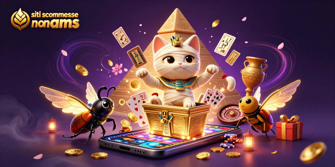 I migliori siti scommesse non AAMS illustrati da un gatto mummificato che emerge da un sarcofago, con giochi e monete d'oro.