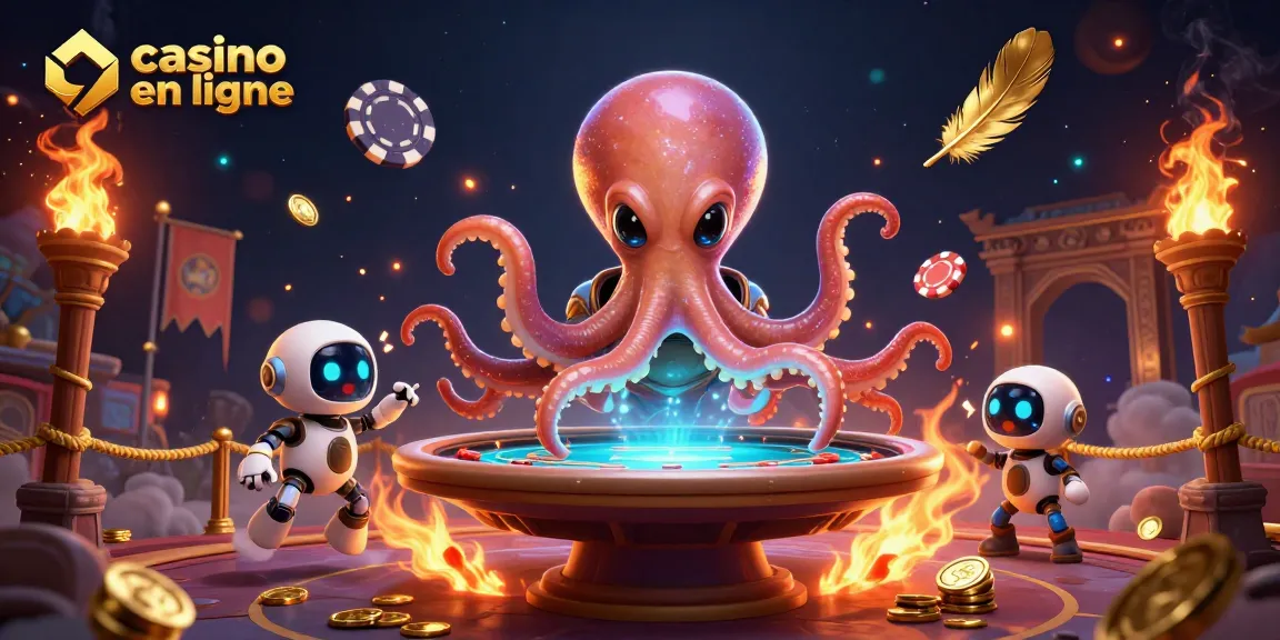 Jouer au casino en ligne avec l'octopus extraterrestre et un robot, entourés de jetons en or.