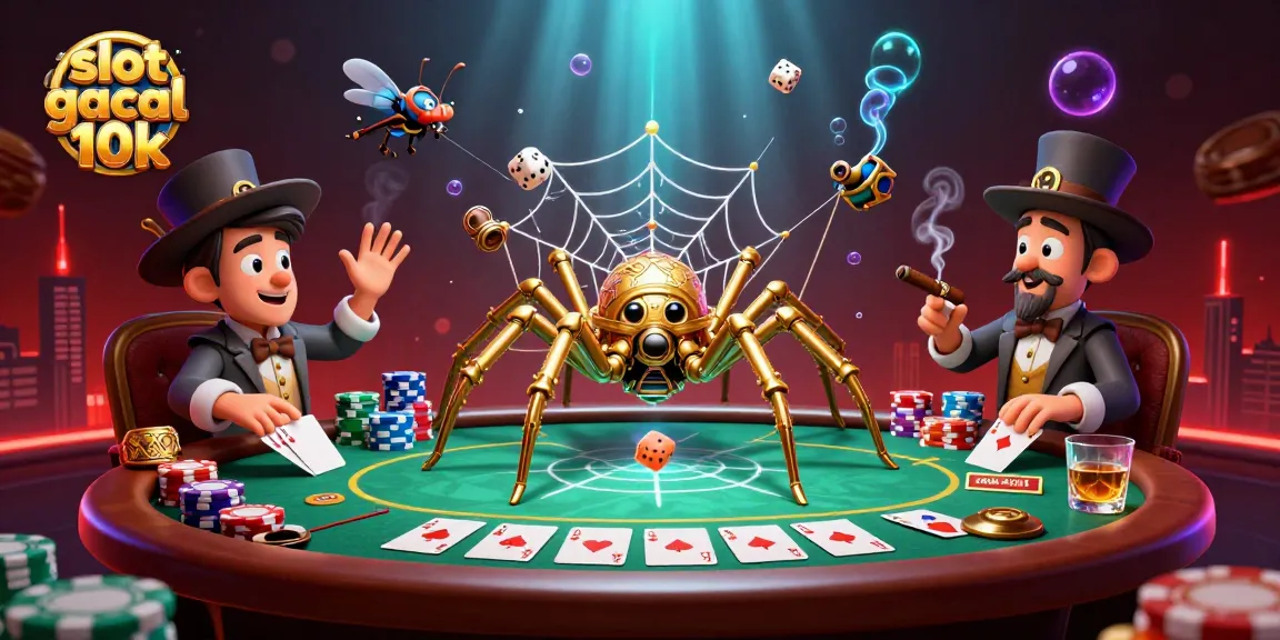 Engage with slot gacor modal 10k through a captivating casino scene featuring a golden spider and poker elements.