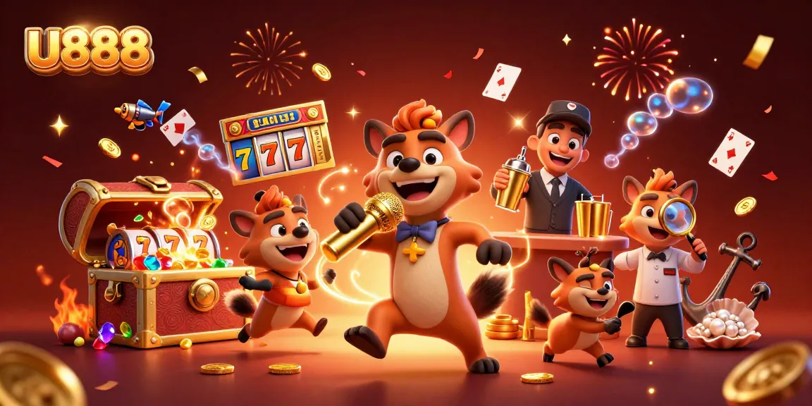 Experience the vibrant excitement at U888's comedy casino with hyenas, slot reels, and treasure!