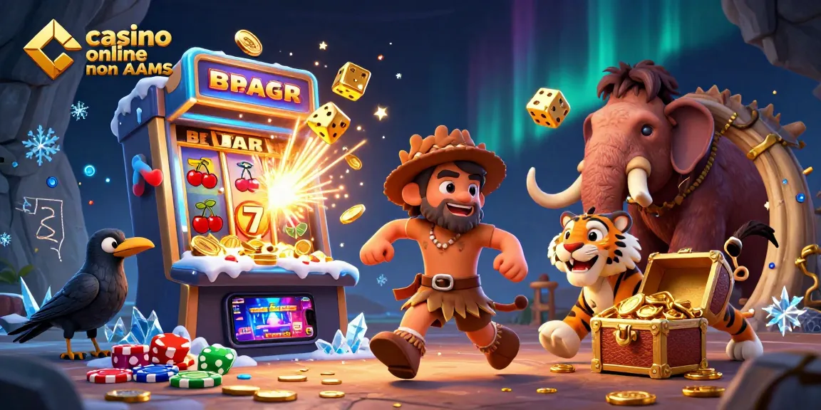 Visualizza personaggi dell'illustrazione "casinò online non AAMS" con slot machine e simboli di gioco.