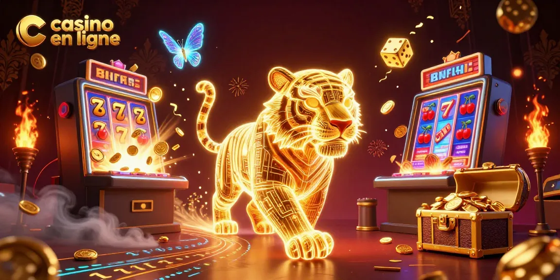 Jouez aux jeux de casino en ligne avec un tigre doré énergique dans un paysage numérique.