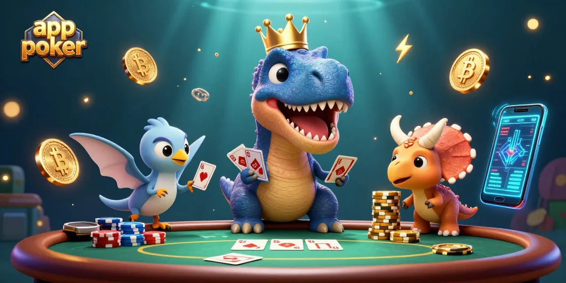 Gioca a poker con l'app poker mentre un T-Rex distribuisce carte e un triceratops impila fiches d'oro.