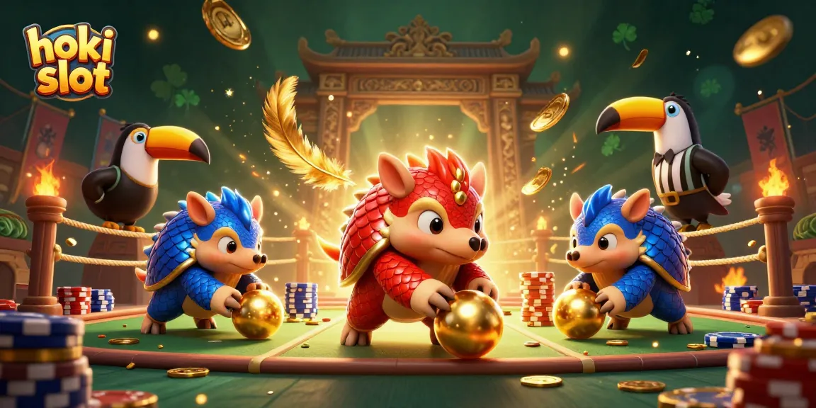 Experience the excitement of hoki slot with vibrant pangolins battling in a dynamic casino scene.