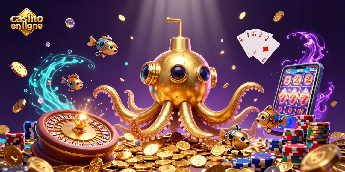 Découvrez un kraken doré et des jeux de casino en ligne, entouré de pièces d'or et de cartes à jouer.