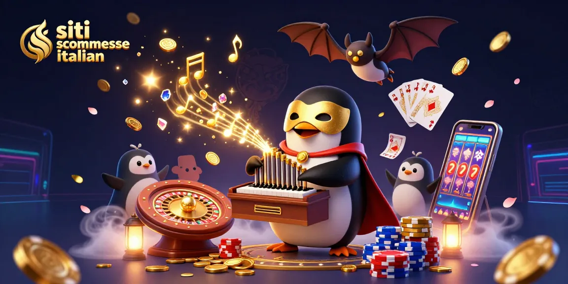 Scommettere sui siti scommesse italiani con il pinguino fantasma e giochi d'azzardo in un'illustrazione vivace.