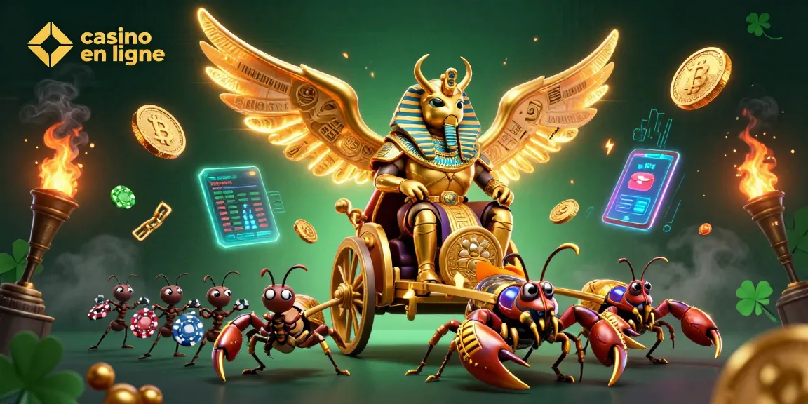 Jouez à des machines à sous dans un casino en ligne vibrant avec un scarabée doré colossal.