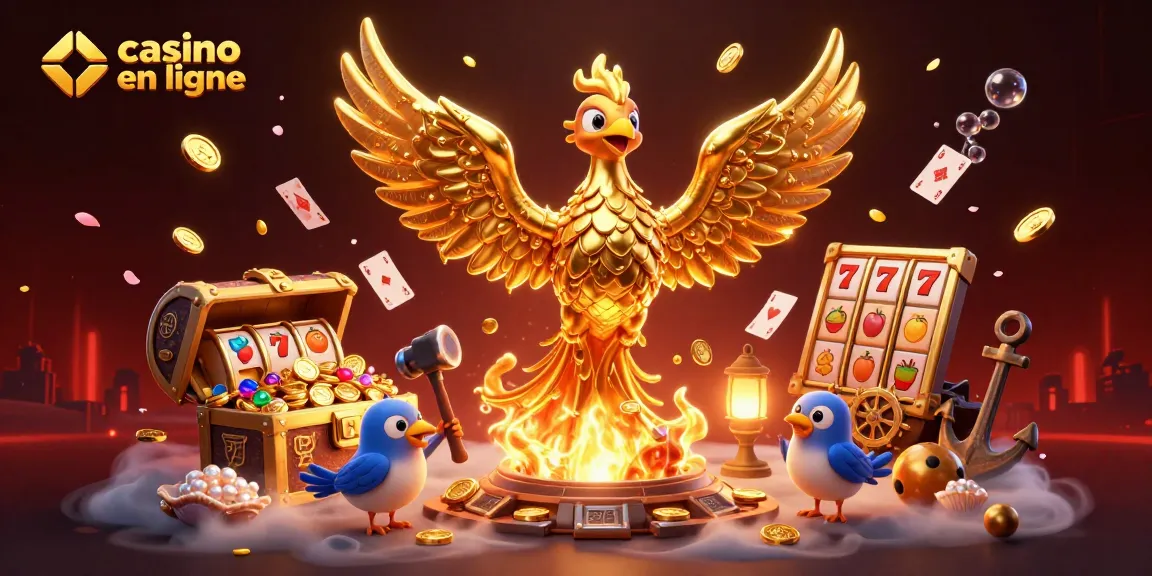 Jouez au casino en ligne avec des machines à sous et un phœnix doré flamboyant, illustrant l'action captivante des jeux d'argent