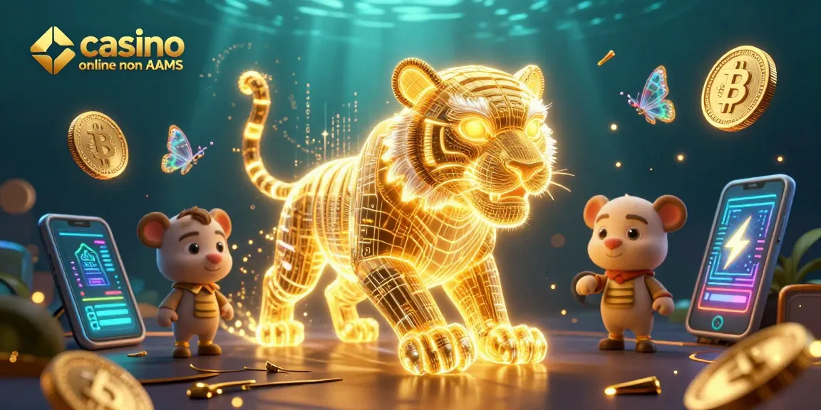 Visualizza il casino online non AAMS: una tigre dorata e insetti olografici in un paesaggio digitale con criptovalute.