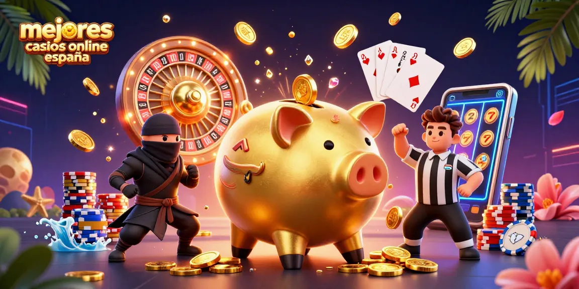 Ilustración de los mejores casinos online España, mostrando un divertido encuentro de personajes en un entorno lleno de acción y monedas doradas.