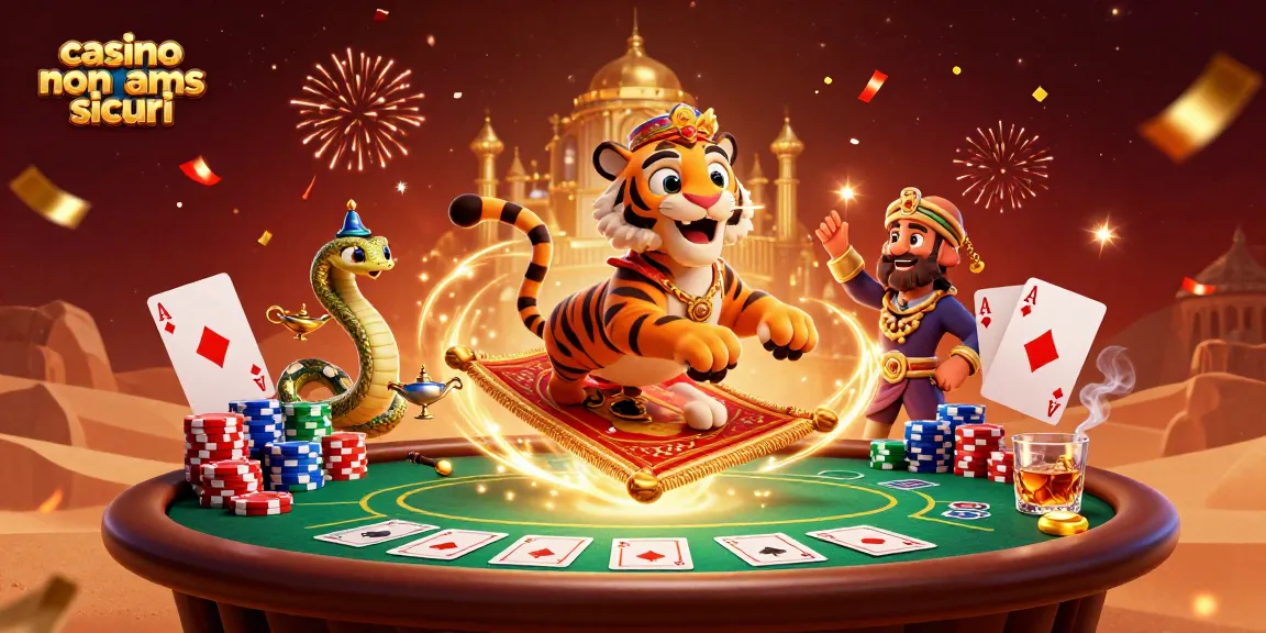 Scopri i casinò non AAMS sicuri con questa illustrazione 3D di un sultano in un ambiente festoso di poker.