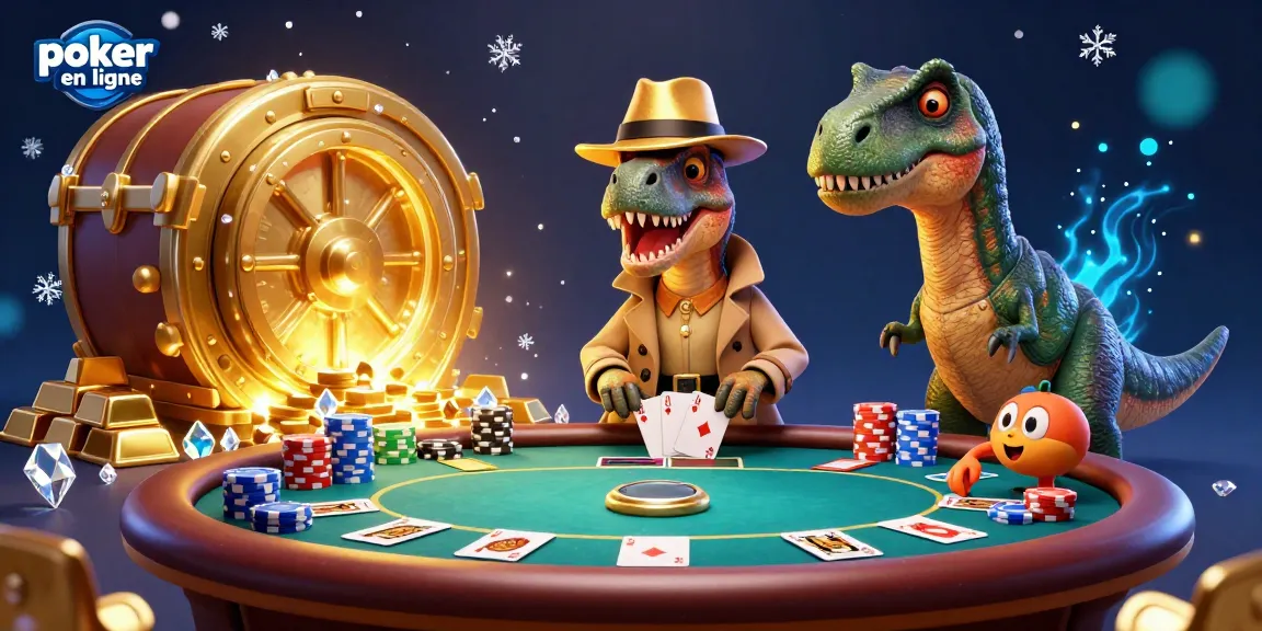 Jouer au poker en ligne avec un dinosaure et des pièces dorées au casino virtuel.