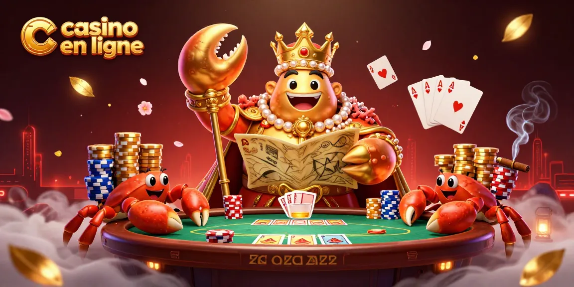 Illustration de casino en ligne avec un crabe géant et des crabes serviteurs portant des jetons dorés sur une table de poker.