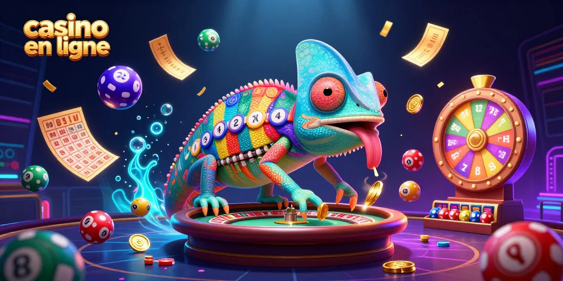 Plongez dans l'univers du casino en ligne avec un caméléon et des éléments de jeux animés autour.