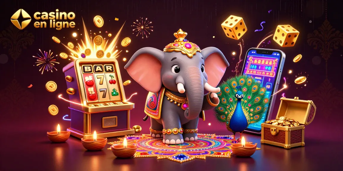 Jouez au casino en ligne avec des machines à sous animées, un éléphant coloré et des effets de jackpot.