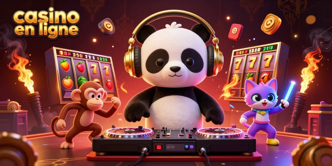 Célébrez le casino en ligne avec un panda DJ jouant sur des rouleaux de machine à sous vivants.