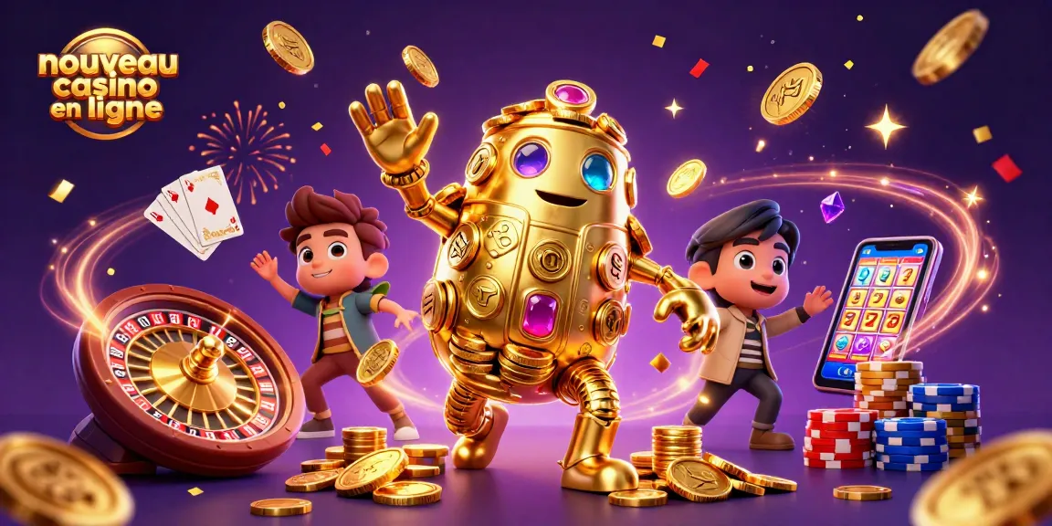 Illustration dynamique de nouveau casino en ligne avec un golem d'or et des éléments de jeu captivants.