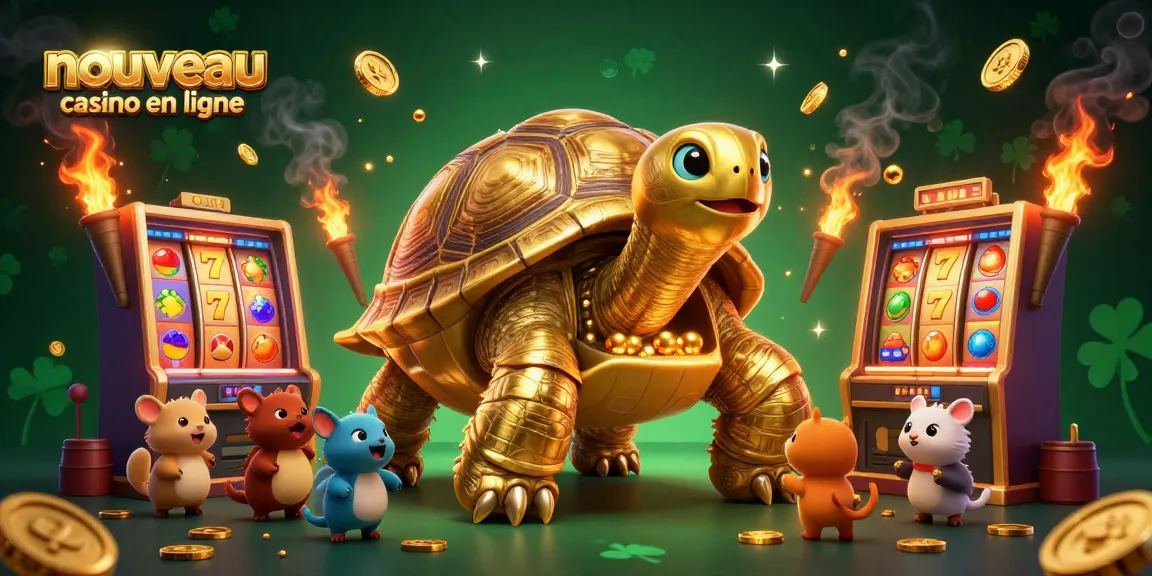 Nouveau casino en ligne : illustration d'une tortue géante jouant à un flipper vibrant.
