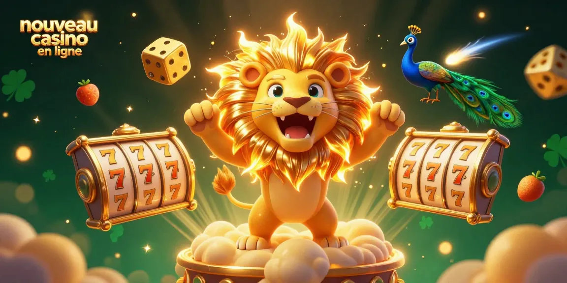 Nouveau casino en ligne avec des machines à sous et un lion solaire rugissant dans un décor vibrant.
