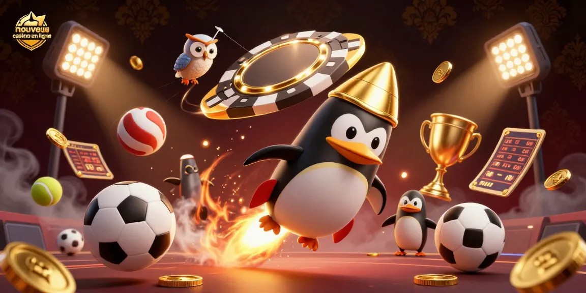Visualisez le nouveau casino en ligne avec un pingouin doré propulsé dans l'espace, entouré d'éléments de casino.