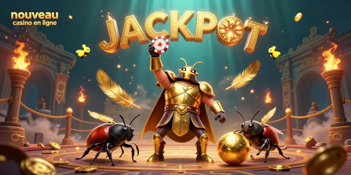 Image dynamique de nouveau casino en ligne avec un scarabée guerrier triomphant et des feux follets.