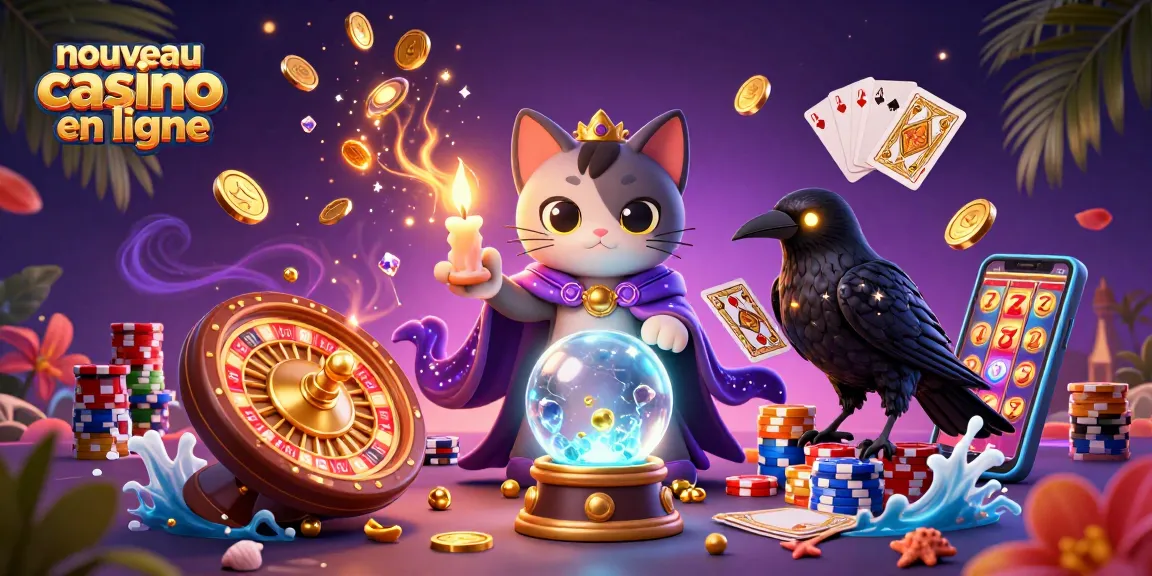 Illustration d'un nouveau casino en ligne avec un chat voyant et un corbeau. Jouez et gagnez!