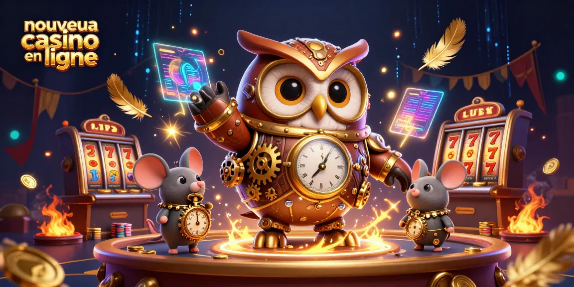 Jouez dans un nouveau casino en ligne avec une illustration 3D captivante d'un hibou steampunk et un compagnon.