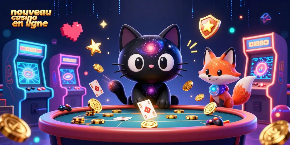 Plongez dans l'univers du nouveau casino en ligne avec ce chat noir gravitationnel et son ami renard nébuleux.
