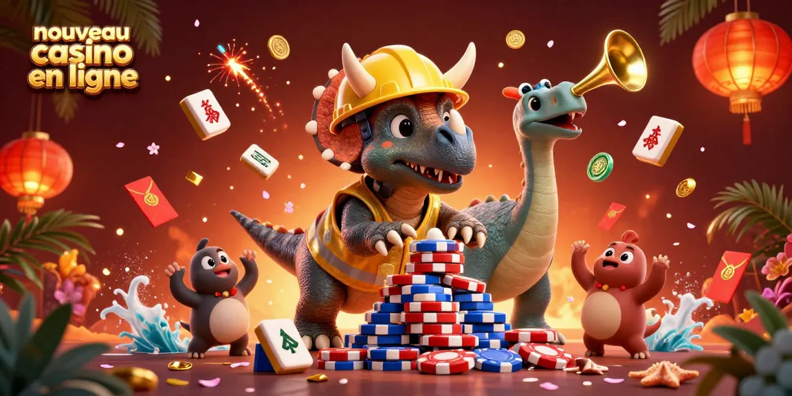 Découvrez l'illustration 3D de "nouveau casino en ligne" avec des personnages de dinosaure entourés d'éléments de jeu.