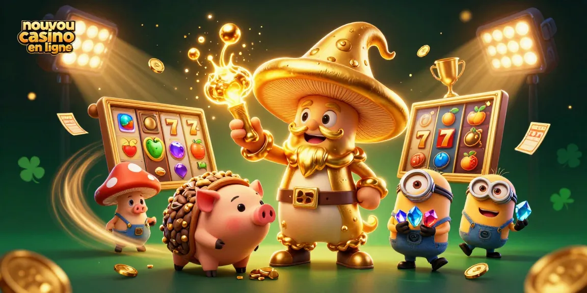 Illustration dynamique de nouveau casino en ligne avec des personnages amusants et des éléments de jeu captivants.