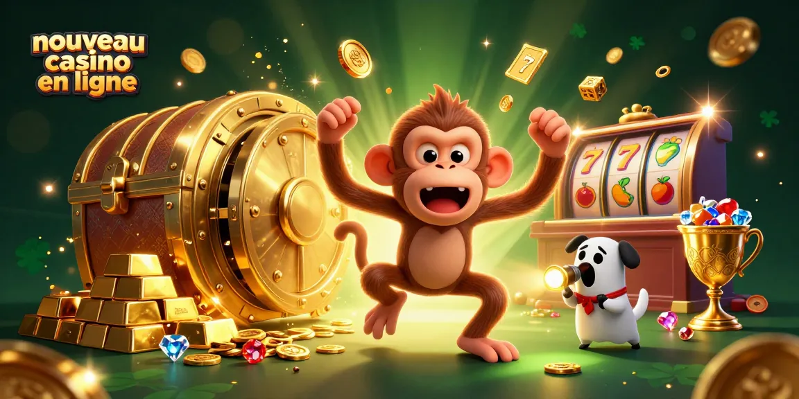 Illustration 3D montrant un nouveau casino en ligne, avec un singe poltergeist jouant avec des pièces d’or et un chiot chasseur de fantômes.
