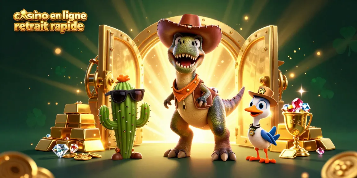 Casino en ligne retrait rapide avec un T-Rex cowboy et des trésors étincelants.