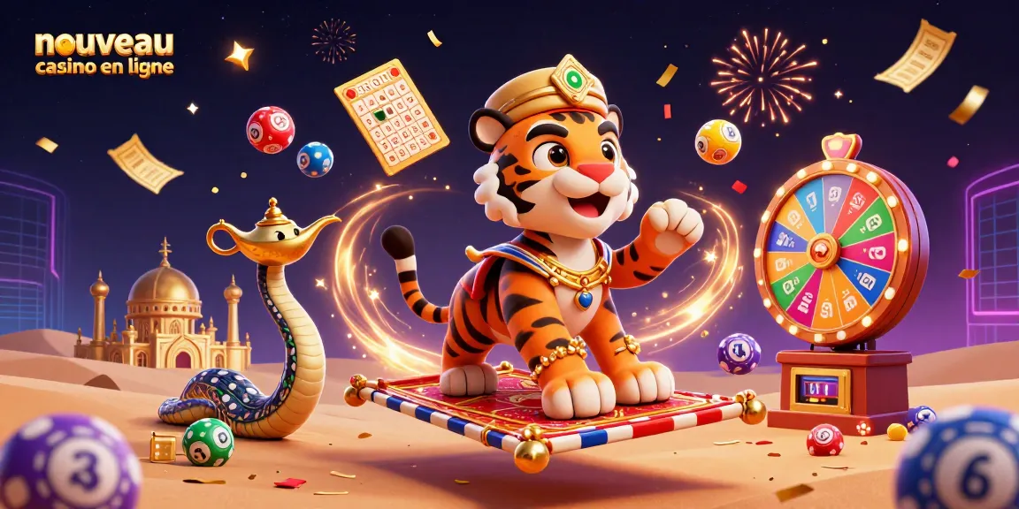 Plongez dans l'univers du nouveau casino en ligne avec cette illustration magique mettant en vedette un sultan tigre sur un tapis volant rempli de jetons de poker.