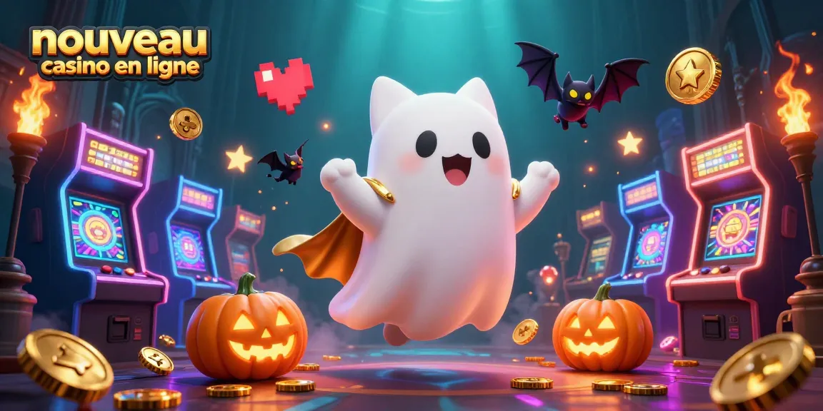 Illustration colorée d'un nouveau casino en ligne avec un chat fantôme et une chauve-souris dans un décor de casino animé
